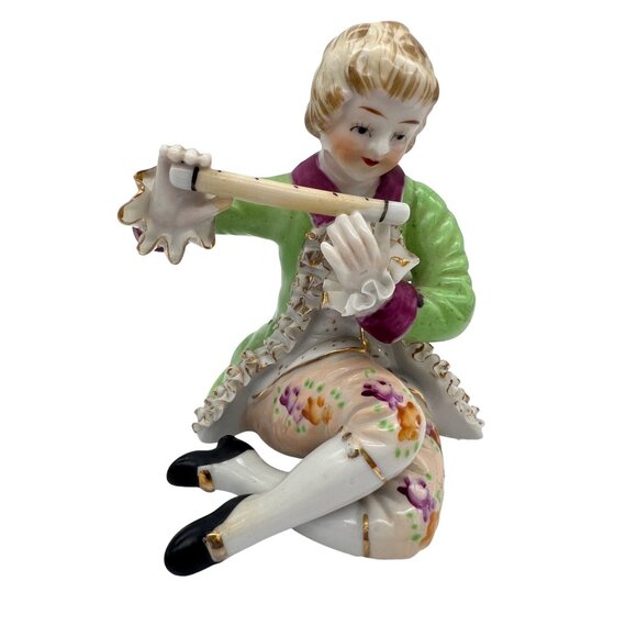Vintage Porcelain Figurine Seated Musician Boy Playing Flute 5" Tall - Picture 6 of 7